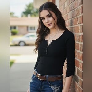 Grane Womens Y2K Fitted Henley Top Large Black Ribbed Goth Emo Elena Gilbert